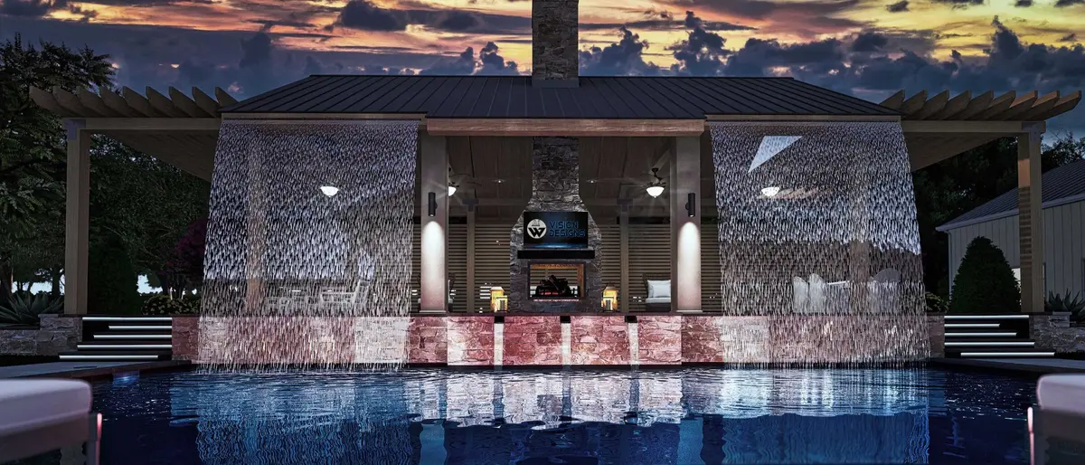 Water curtain cabana with stone fireplace