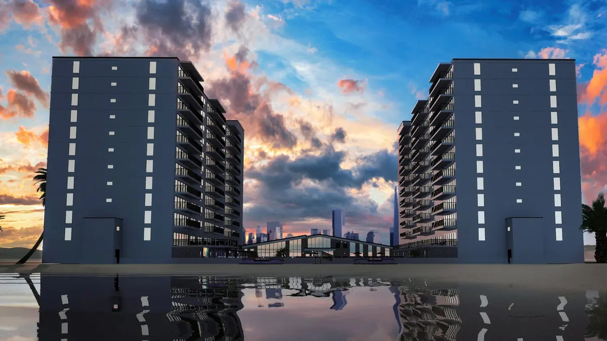 Modern condo towers with reflection pool