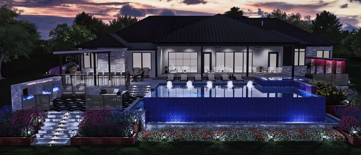 Modern backyard with fire bowls and negative edge pool