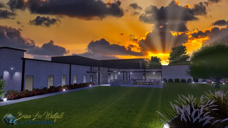 3D visualization of church campus exterior with outdoor living area at golden hour