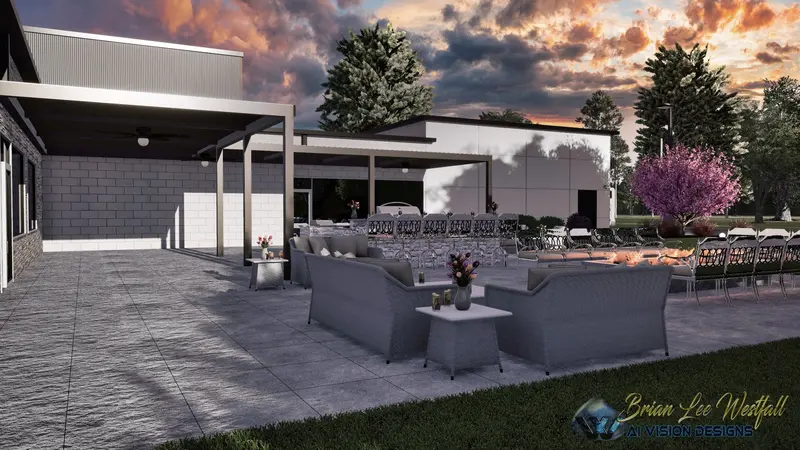 Photorealistic rendering of church patio with fire pit lounge and covered pavilion