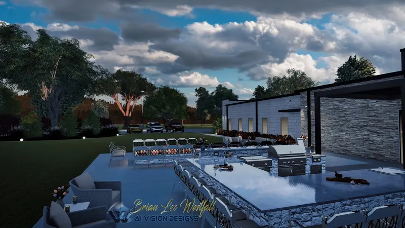 Commercial outdoor kitchen 3D visualization with dual grills and stone countertops
