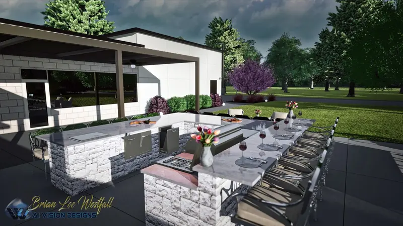 Photorealistic 3D render of bar-height seating with wine glasses and floral staging