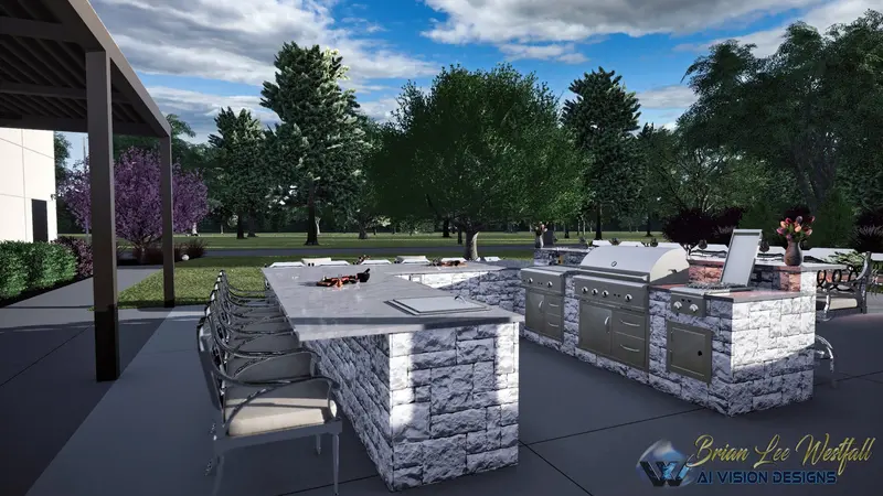 3D rendering of commercial outdoor kitchen island with dual grills and bar seating
