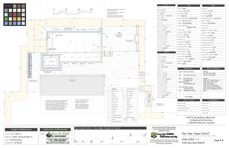 Dimensioned pool build plan with equipment layout and specifications