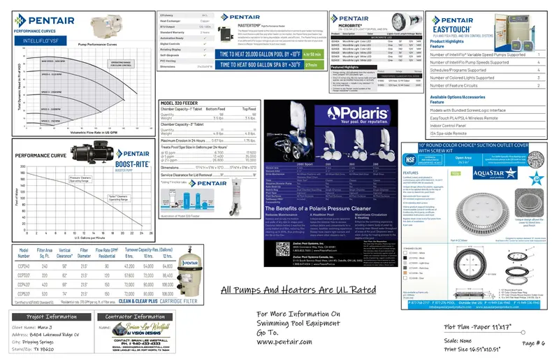 Pool equipment specifications and installation details
