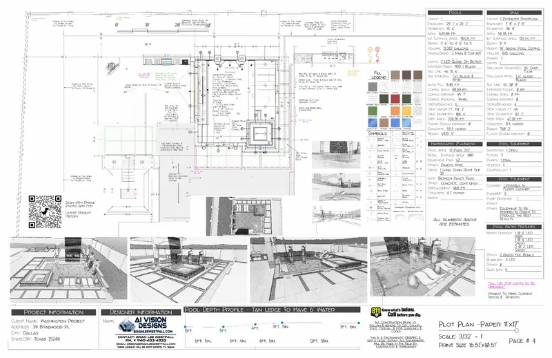 Dimensioned pool build plan with equipment layout