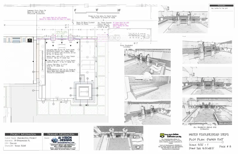 Water feature specifications and detail drawings for pool construction