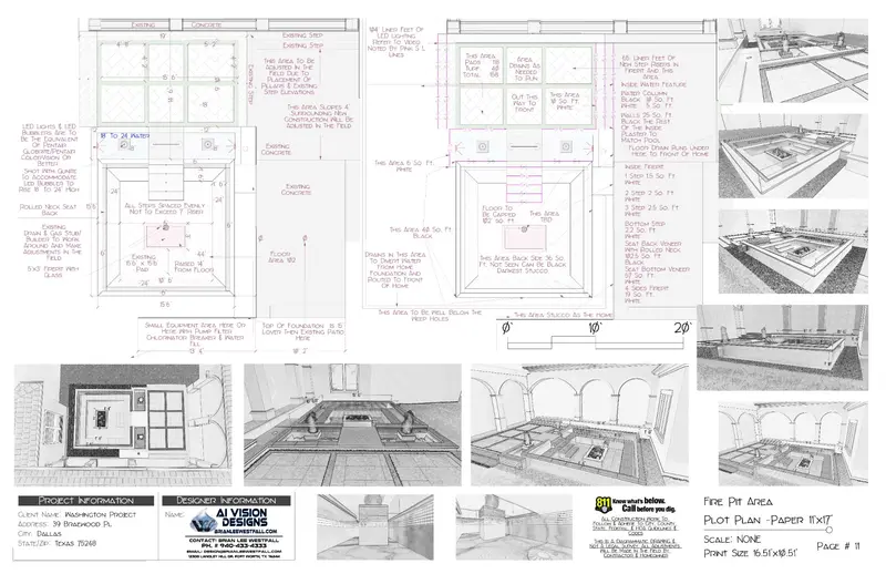 Fire pit area construction plan with dimensions and material specs